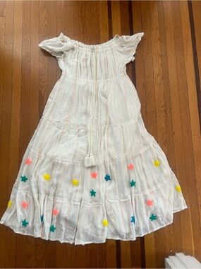 A&B off shoulder maxi dress white stars peasant flowy boho L large ruched EUC